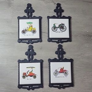 4 San-Huan cast iron boarder ceramic tile vintage automobile trivets/coasters